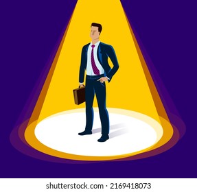 Businessman standing on podium vector illustration, success and career progress concept, leadership competition ambitions, gorgeous handsome business man.