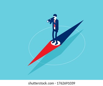 Businessman standing on pointer and exploring direction. Looking through telescope