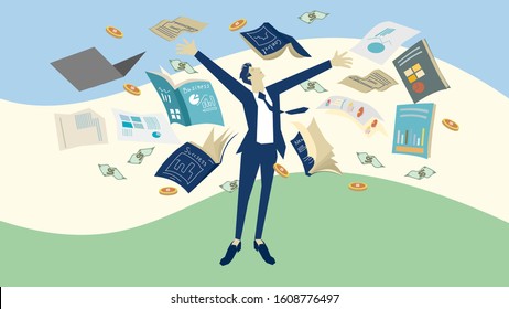Businessman standing on public central park to celebration to work success by throwing books into the sky. Focused to target lock, goal achievement concept, statistic data, presentation, vector.