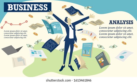 Businessman standing on public central park to celebration to work success by throwing books into the sky. Focused to target lock, goal achievement concept, statistic data, presentation, vector.