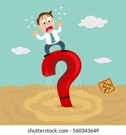 Businessman standing on question mark sign, vector illustration cartoon