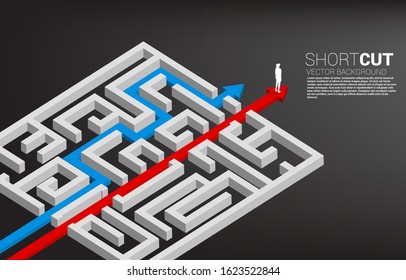 Businessman standing on red arrow route break out of maze. Business concept for problem solving and shortcut  solution strategy.