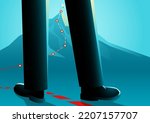 Businessman standing on the red lines which leading to the top of a mountain, a journey of a thousand miles begins with a single step