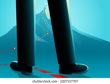 Businessman standing on the red lines which leading to the top of a mountain, a journey of a thousand miles begins with a single step