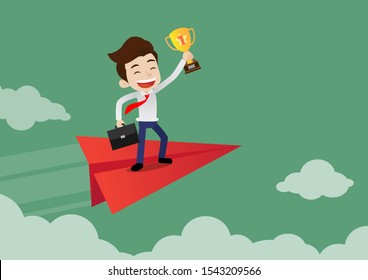 Businessman standing on red paper plane flying and holding gold trophy of success, Cartoon vector illustration