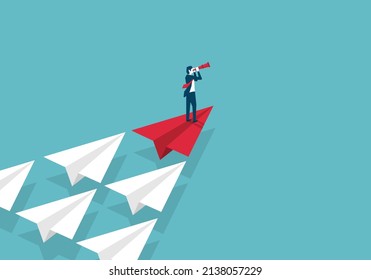 Businessman standing on red paper plane. Business leadership vision to success. opportunity or strategy concept. look to the future. achievements and goals for work. vector illustration isometric.