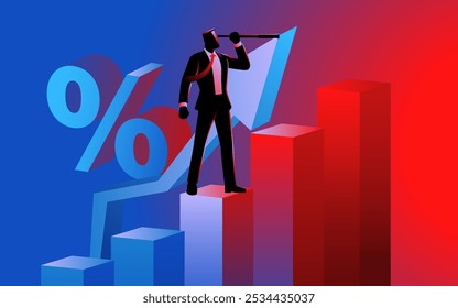 Hombre de negocios parado en un gráfico ascendente, usando un telescopio para simbolizar la visión, el crecimiento y el éxito futuro. Representa la planificación estratégica, el análisis de mercado y el logro de objetivos