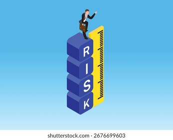 Businessman standing on a "RISK" stack of blocks with a measuring stick 3d isometric vector illustration
