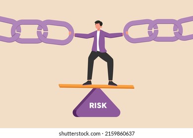 Businessman Standing On Risk Triangle With Holding Metal Chain Together. Risk Management And Supply Chain. Flat Vector Illustration Isolated.