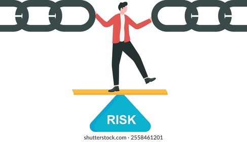 Businessman standing on risk triangle with holding metal chain together. Risk Management and supply chain. 
