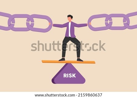 Businessman standing on risk triangle with holding metal chain together. Risk Management and supply chain. Flat vector illustration isolated.