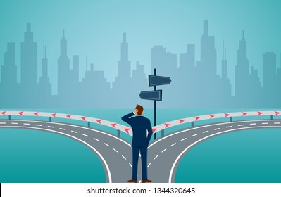 Businessman standing on the road the crossroad. Concept of important choices of a business. Decide direction. Human standing choice of ways. illustration cartoon vector