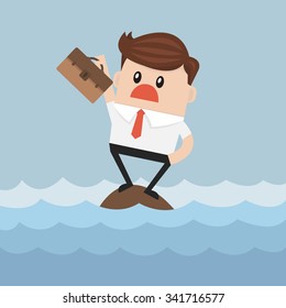 Businessman standing on a rock in the middle of a sea