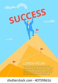 Businessman standing on the rock peak. Route line with marker flags routed through the mountains. Business success concept flat vector illustration. The metaphor of the goal achievement