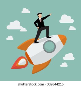 Businessman standing on a rocket. Project start up new business.