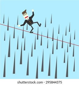 businessman standing on rope in risk 
