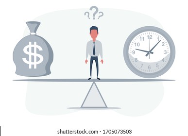 Businessman standing on seesaw between clock and bag with dollar symbol and balancing money and time. Vector flat design illustration.