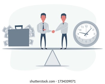 Businessman standing on seesaw between clock and bag with dollar symbol - money and time. Vector flat design illustration.