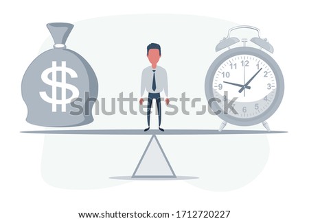 Businessman standing on seesaw between clock and bag with dollar symbol - money and time. Vector flat design illustration.