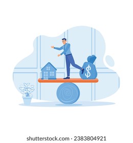 Businessman standing on seesaw inside the house. Maintain a balance between the house model and the money in the sack. House Model Balance Equilibrium concept. Trend Modern vector flat illustration