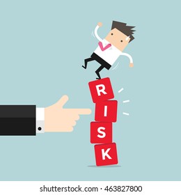 Businessman Standing On Shaky Risk Blocks By Hand Of Manager. Vector