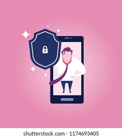Businessman standing on a smart phone (mobile phone) and looking upward and holding a shield