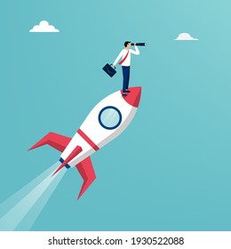 Businessman standing on space shuttle flying to the sky illustration. Business and career path concept.