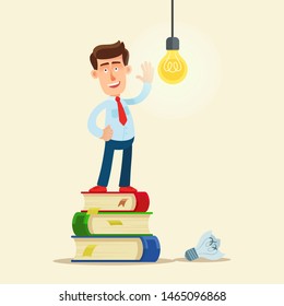 Businessman standing on stack of books and replace new light bulb. Man found a new idea with knowledge and books help. Creativity business. Vector illustration flat cartoon style. Isolated background.