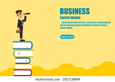 Businessman standing on stack of books. Businessman looking for opportunities to develop themselves. Designed can use for web banner. Business Concept. Vector illustration