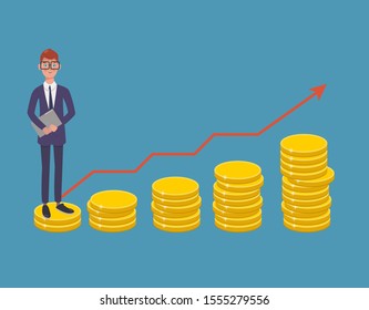 businessman standing on stack of coin, salary increase for a woman, increase salary concept. Modern flat vector illustration.