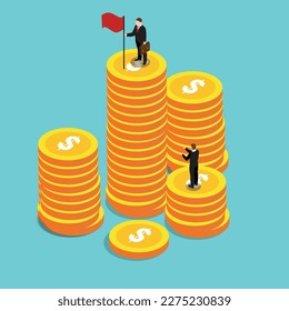 Businessman standing on stack of coins with a red flag 3d isometric vector illustration concept for banner, website, landing page, ads, flyer template