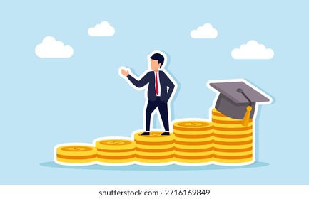 Empresário de pé em uma pilha de moedas de dólar com um teto de graduação ilustrando o sucesso na conclusão de estudos em gestão financeira de negócios educação