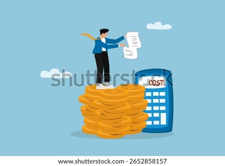 Businessman Standing on Stack of Gold Coins Holding Bill and Facing Cost Calculator – Financial Pressure, Economic Burden, and Business Expense Concept in Flat Vector Illustration