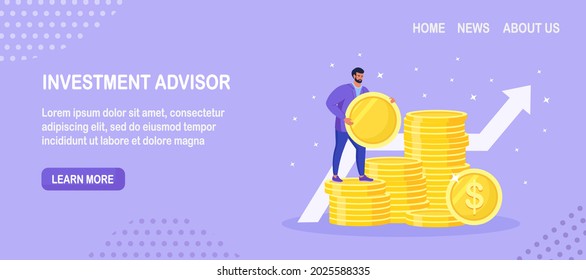 Businessman standing on stack of money. Successful investor or entrepreneur. Stock market income. Financial consulting, investment and savings. Business growth. Millionaire banker, financier