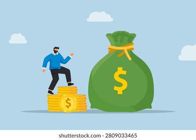 Businessman Standing on Stacks of Gold Coins Looking at money bag