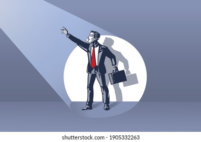 Businessman Standing on Stage Waving Hand to the Spotlight Blue Collar Conceptual Illustration