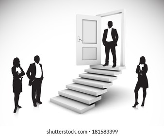 Businessman is standing on staircase. Abstract vector concept.