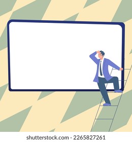 Businessman standing on stairs looking at text. Big whiteboard contains important information. Empty speech bubble with brand new Ideas. Presented Critical Updates.