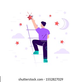 Businessman is standing on stairs and reaching star on the sky -  Flat vector illustration. Goals and dreams. Business and career concept. Modern design flat style vector illustration isolated.