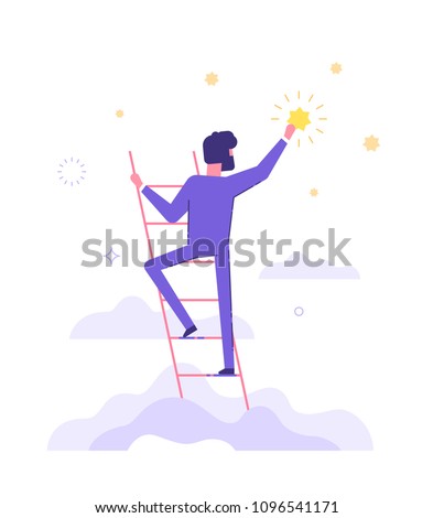 Businessman is standing on stairs and reaching star on the sky. Goals and dreams. Business and career concept. Flat vector illustration.