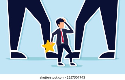 Businessman standing on a star between two giant feet, illustration of feeling inferior due to competitor's company rating and quality