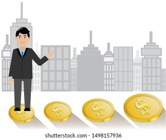 Businessman standing on step of gold coins, skyscraper buildings behind.  Isolated on white background. Vector Illustration. Idea for financial investment and business management