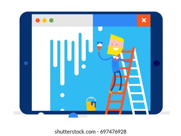 A businessman is standing on a stepladder and paints a bad operating system on his tablet. Concept Flat Vector Illustration