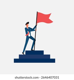 Businessman Standing on Steps Holding Red Flag in a Gesture of Achievement and Motivation for Success and Leadership. Businessman character vector illustration