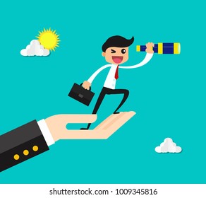 Businessman standing on supporting hand looking forward through a telescope to searching business opportunity. business concept vector illustration.