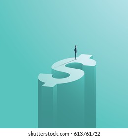 Businessman standing on tall dollar money sign as a symbol of business investment or risk. Banking, financial, trade symbol. Eps10 vector illustration.