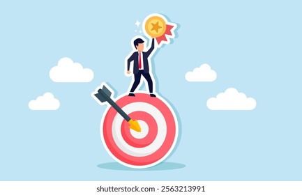 A businessman standing on a target board holding a medal, illustration of becoming the best company through achieving business targets