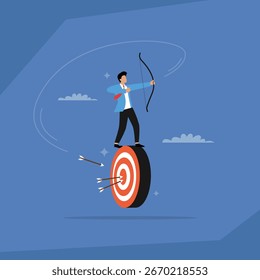 A businessman standing on a target while shooting a bow and arrow, symbolizing the concept of business success and achieving goals 2d flat vector illustration