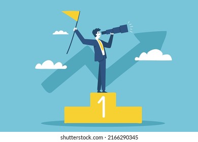 A businessman standing on a telescopic award podium sets the direction of the company's investment to be number one in the market.