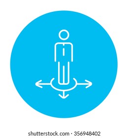A businessman standing on three alternative ways line icon for web, mobile and infographics. Vector white icon on the light blue circle isolated on white background.